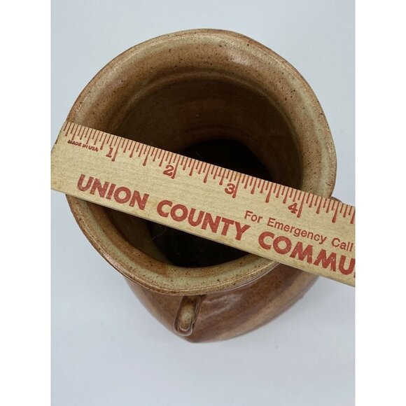 Handmade Art Pottery Vase Vintage 2001 Signed 4‎ Handled Milk Jug 9” Brown Tan - Picture 6 of 12